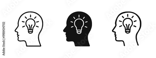 Human head with glowing light bulb icon set representing innovative ideas and insight