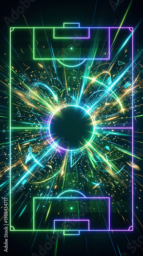 An abstract image of a vibrant and dynamic soccer field with neon lights and bright colors.