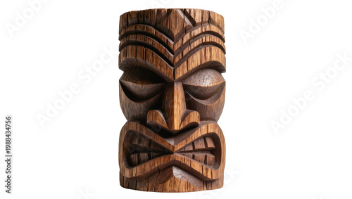 Tableau sur toile Carved wooden tiki statue with angry expression, isolated on transparent backgro