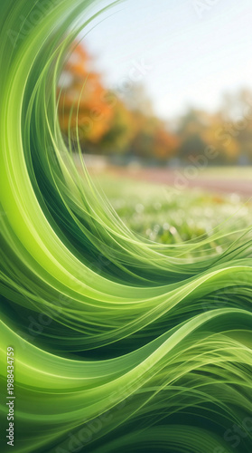 A vibrant green wave swirls in front of a blurred natural landscape with trees