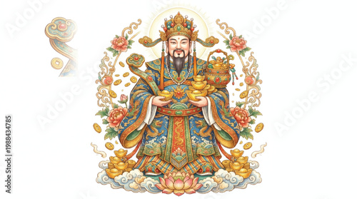 Traditional Chinese God of Wealth, Cai Shen, holding gold ingots and treasures, surrounded by auspicious symbols and flowers