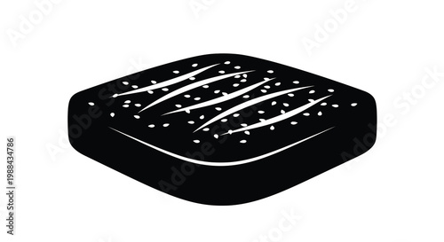 A minimalist black and white illustration depicts a rectangular piece of food likely nori wrapped sushi