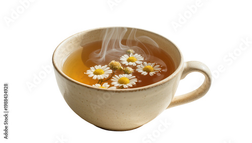 Fotografie Steaming chamomile tea with fresh daisy flowers in a ceramic cup, isolated on tr