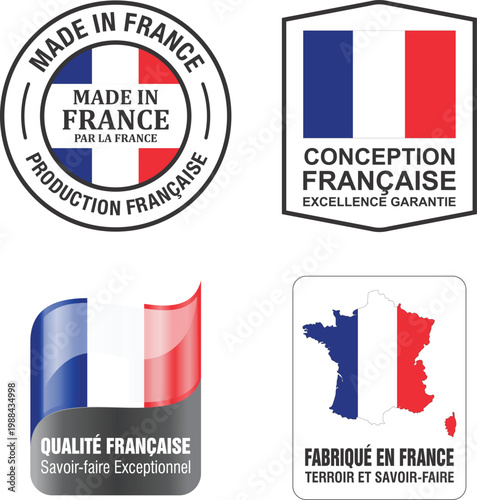 Made in France product label set, French flag and map quality seal symbols, premium production and authentic heritage vector illustration