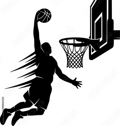 Silhouette of basketball player dunking ball into hoop with motion lines Vector isolated on white background
