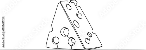A triangular piece of cheese with large holes on a horizontal line. Drawing in one line art style with editable black stroke.

