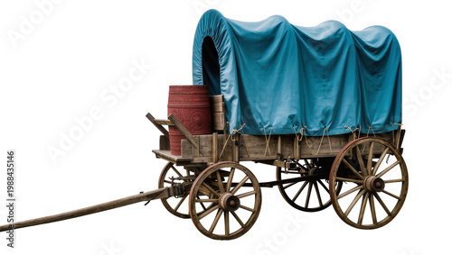 Картината върху платно Old wooden covered wagon with blue tarp and red barrels, isolated on transparent