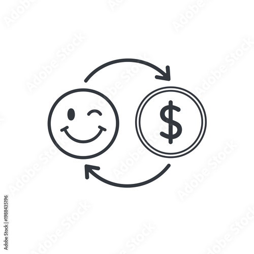 Vector of a smiling face and money symbol with circling arrows indicating a cycle