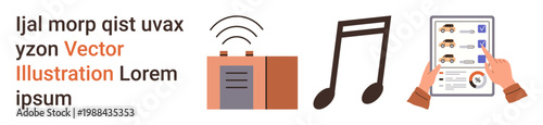 Media consumption, music streaming, communication tools, technology usage, online access, entertainment. A radio, music note and hands holding a digital interface. Media consumption and music