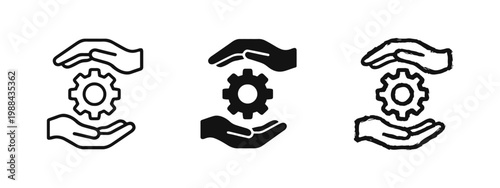 Maintenance and support icon set showing hands protecting and holding a mechanical gear