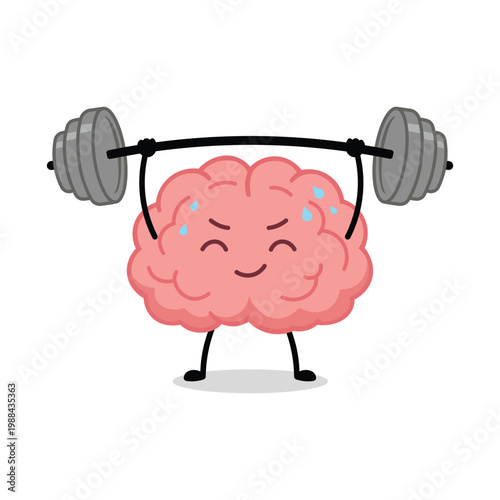Cute cartoon brain character lifting a heavy grey barbell vector illustration isolated on white.