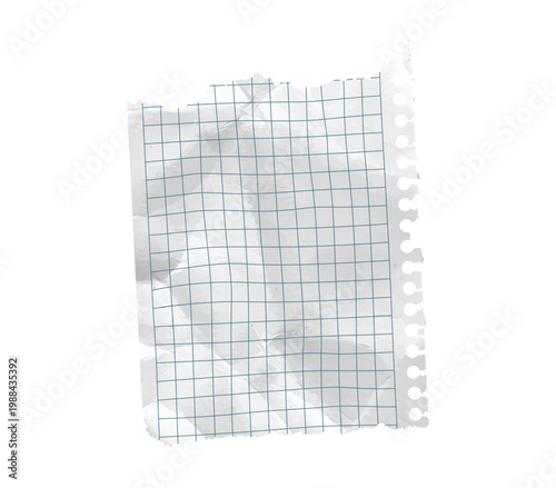 Torn paper piece rip vector featuring isolated scrapbook blue grid. Old letter template with white wrinkled crumpled checkered copybook texture notebook for school collage. Realistic tape paper.