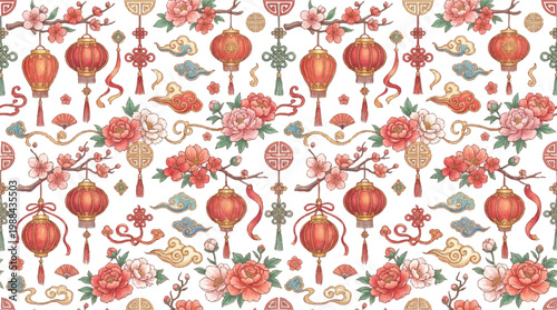 Seamless Pattern of Traditional Chinese Lanterns and Peonies with Auspicious Cloud Motifs