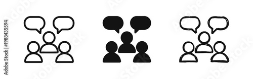 Communication and group discussion icon set with people silhouettes and speech bubbles