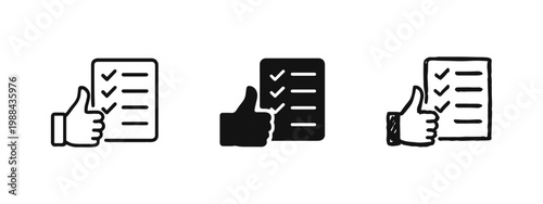 Approved Checklist Icon Set with Thumbs Up Gesture - Outline, Solid, and Hand-Drawn Styles