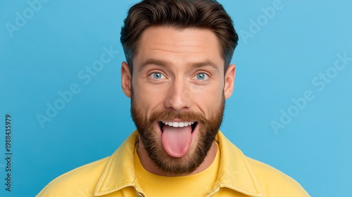 Man with beard sticks out tongue. Bright blue background makes him pop. He smiles broadly, eyes wide open. Fun, playful, and energetic vibe. Perfect for social media or advertising