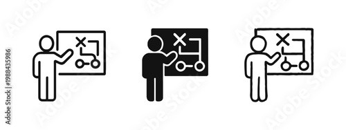 Business strategy icon set with person pointing to a tactical planning board for problem solving