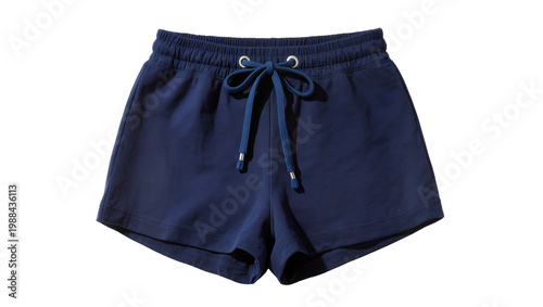 Photos Navy blue cotton shorts with drawstring and metal tips, isolated on transparent