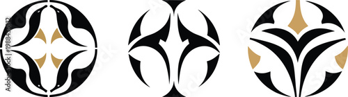 Set of Three Abstract Penguin and Bird Tribal Logo Designs in Circular Frames, Symmetrical Geometric Avian Icons in Black and Gold Minimalist Style