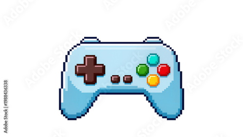 Bild auf Leinwand Pixelated light blue video game controller with colorful buttons, isolated on tr