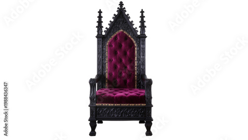 Fotografi Ornate black gothic throne chair with deep purple velvet upholstery, isolated on