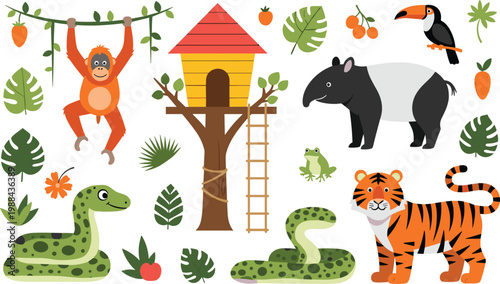 Set of Tropical Rainforest Animals Featuring Tiger Monkey Tapir Snake Toucan and Frog with Jungle Elements Like Treehouse Vines Monstera Leaves and Exotic Fruits for Nature Education Graphic Designs