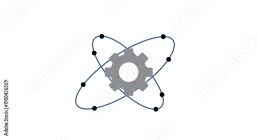 Gear with orbiting dots and lines.