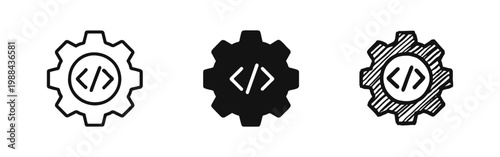 Web Development Coding Icon in Gear - Outline, Solid, and Hand-Drawn Styles