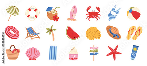 Summer beach collection with tropical vacation elements. Surfboard, coconut drink, crab, watermelon, swimsuit, umbrella, shells, palm tree and accessories. Cute vector set isolated on background.