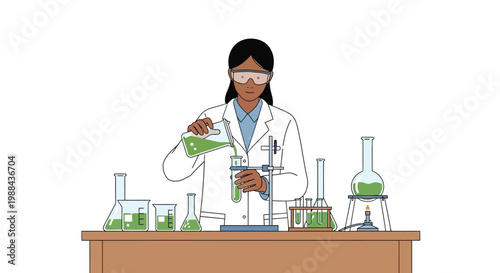 Female scientist carefully pours green liquid into a beaker in a lab