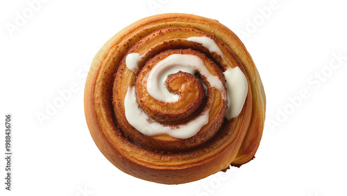 Fotografía Golden brown cinnamon roll with white icing swirl, isolated on transparent backg