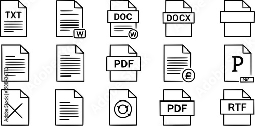 Text file formats icon. Set of line icons of different text documents. Text file documents. Vector illustration.