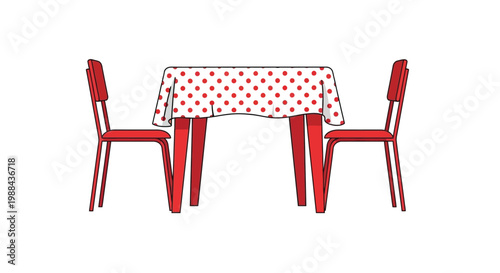 Simple illustration of a red table and chairs with a polka dot cloth