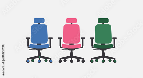 Three office chairs in blue pink and green are neatly displayed