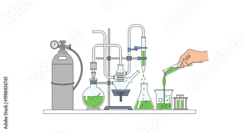 Laboratory setup with distillation apparatus and green liquid being poured