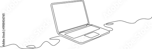 simple continuous line drawing of laptop computer, line art vector illustration