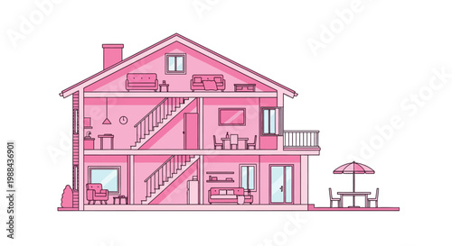 Cutaway illustration of a pink dollhouse with visible interior details