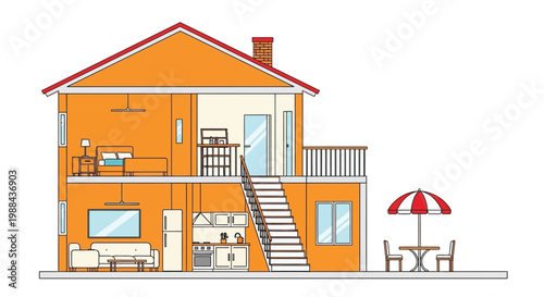 Illustration of a two story orange house with cutaway view of interior