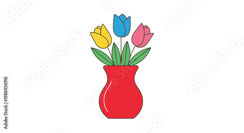 Colorful tulips in a red vase simple cartoon illustration