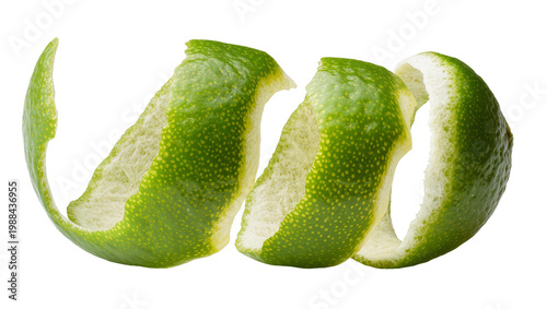 Green lime peel spiral textured and fresh, isolated on transparent background
