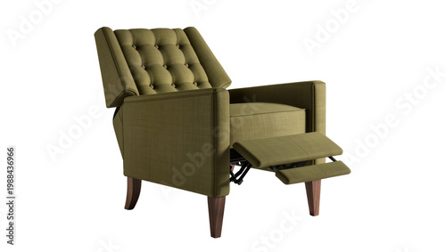 Cuadro en lienzo Tufted olive green recliner chair with extended footrests, isolated on transpare