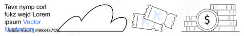 Cloud services, digital payments, technology platforms, online transactions, network security, digital economy. Minimalist cloud, tickets stack of coins with dollar sign. Cloud services and digital