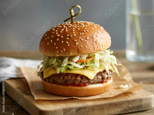 Close-up of a gourmet pulled pork sandwich with coleslaw on a wooden board