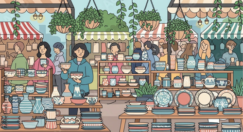 People shopping for pottery in a quaint market stall.