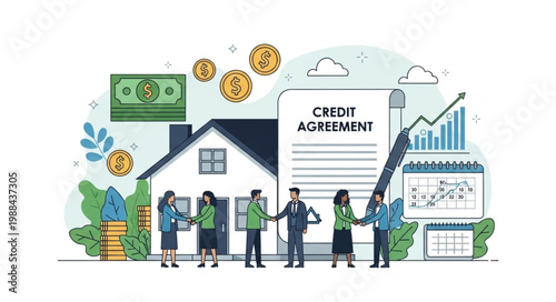 People Signing Credit Agreement for House Purchase with Financial Elements.