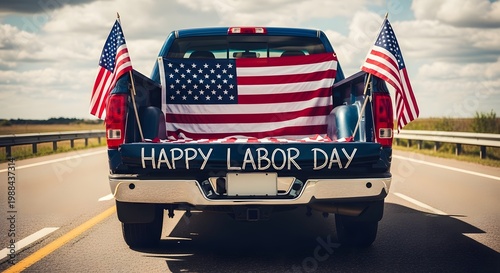 Patriotic labor day celebration a vehicle adorned with american flags and festive message