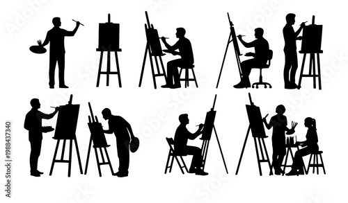 Silhouettes of artists painting on easels in studio black vector illustration set