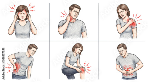 Collection of Illustrations Depicting Common Ailments and Bodily Pains Experienced by People