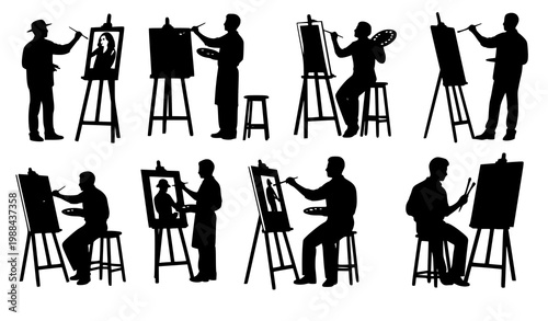 Trendy silhouettes of painters working on easels isolated studio artist vector set