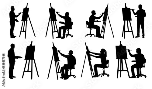 Modern artist silhouettes painting on easels studio scene black vector collection